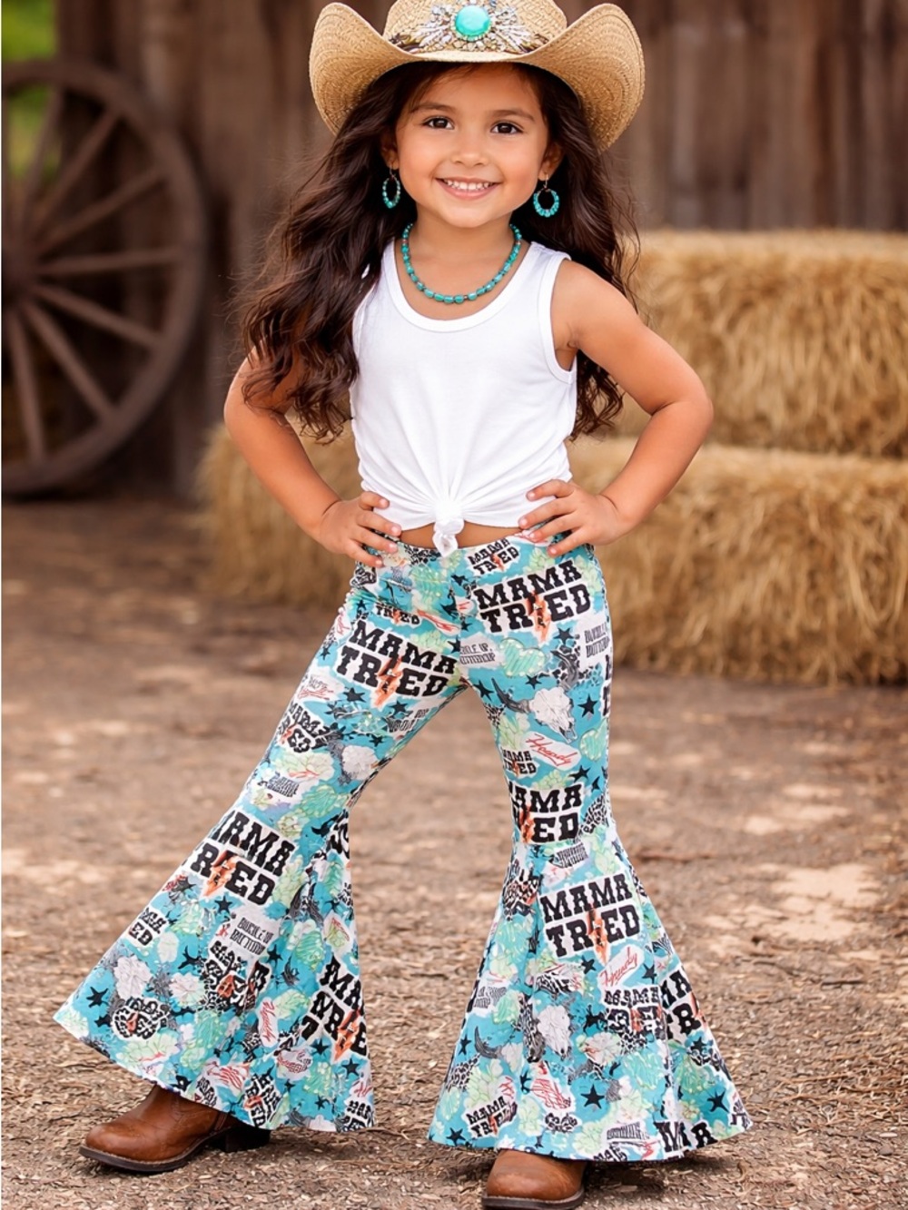 Girls Aqua Floral "Mama Tried" Bell Bottoms